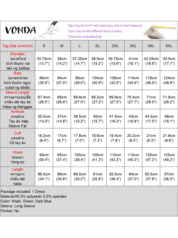 VONDA エレガント Aライン ミニドレス カジュアル ゆったり 無地 サンドレス 2025 ラウンドネック ロングランタンスリーブ ワンピース オーバーサイズ