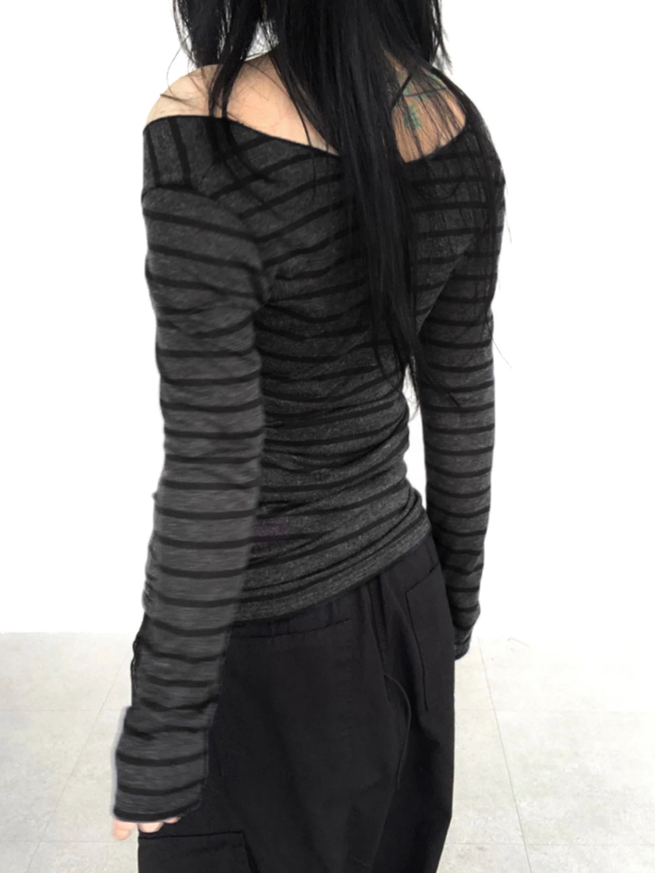 Sweetown Japanese Basic Slim Long Sleeve Stripe Tee Off Shoulder O Neck Korean Street Style Spring Autumn Y2K Gray T Shirt Women