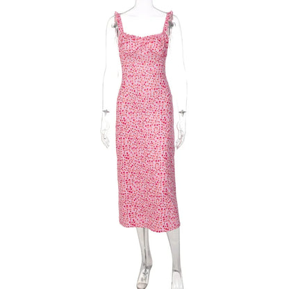 Hbenna Summer Dresses For Women Floral Print Sexy Y2K Ankle-Length Party Dresses Women Skinny Spaghetti Strap Long Dresses Pink