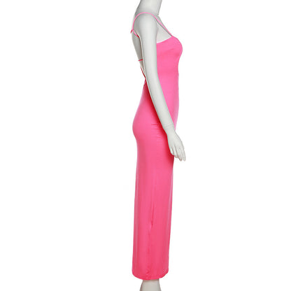 Combhasaki Womens Solid Color Thin Spaghetti Straps Backless Round Cutout Hole Slim Fit Suspender Party Club Slim Fit Long Dress