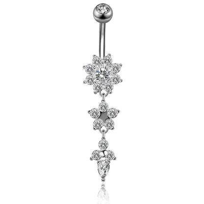 Alloy Zircon Navel Nail Ring Crystal Bar Barbell Drop Flower Dangle Body Piercing Belly Button Rings Men Women Body Jewelry Gift