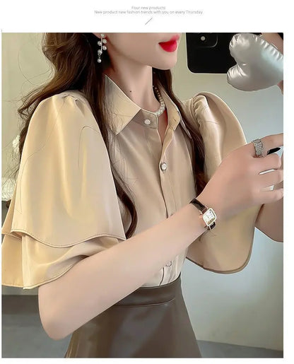 French Lady's Summer Loose Shirt Women's New Loose Blouse Solid Color Ruffle Short Sleeve Chiffon Top