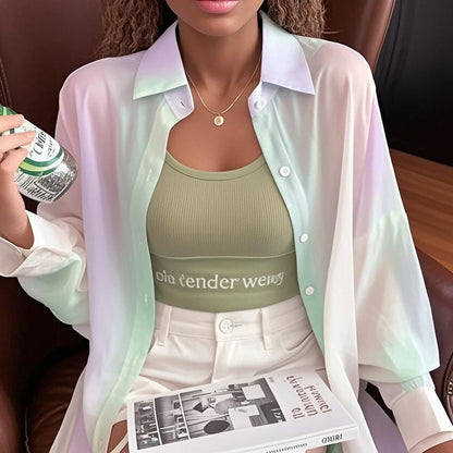 See-through Irregular Gradient Rainbow Long Sleeved Shirt And Blouses Thin For Women Clothes Loose Top Pink Casual Fashion Trend