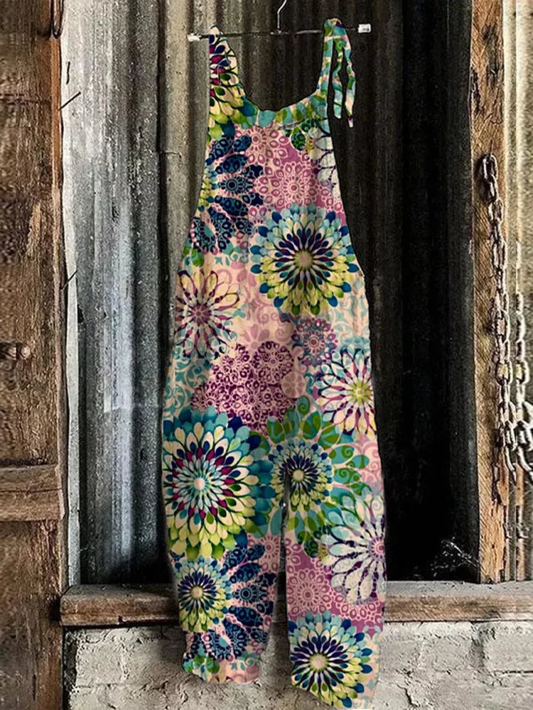 Summer Ladies Chic Suspenders Loose Comfortable Romper Retro Fashion Floral 3D Printed Suspenders Straight Leg Pants