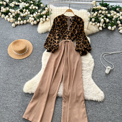 SINGREINY Autumn Leopard Long Jumpsuits V Neck Long Sleeves Belt Wide Legs Pants Women American Retro Senior Office Lady Rompers