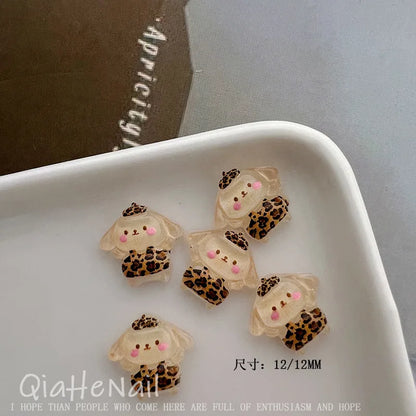 Sanrio Hello Kitty, Melody & Kuromi Cartoon Nail Accessories - 10PCS Cute Mini Resin Trinkets, Leopard & Maillard Print Pattern,