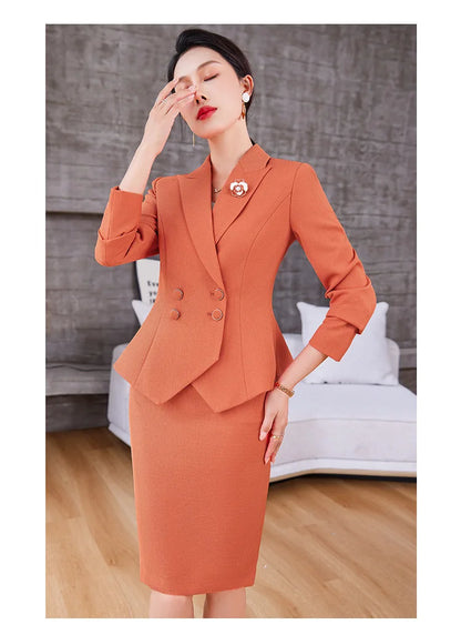 Navy Blue Suits Women 2023 New Spring Autumn Professional Long Sleeve Slim Blazer And Skirt Sets Office Ladies Work Wear Orange