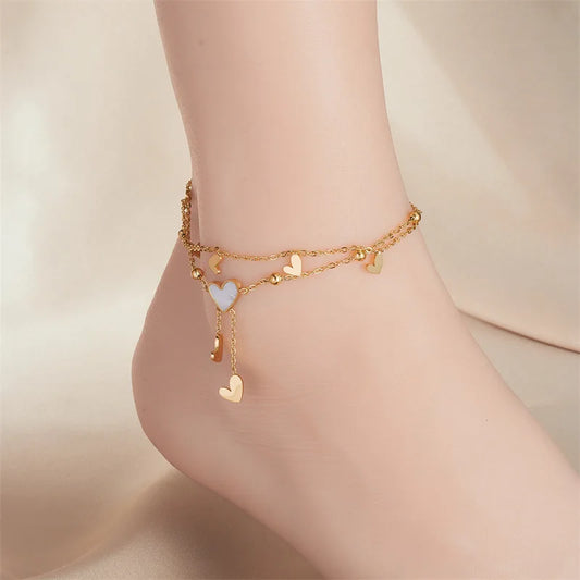 ZAKOL ステンレススチール ハートラブアンクレット レディース ガールズ ファッション ダブルレイヤーチェーン アンクルアクセサリー ジュエリー ギフト