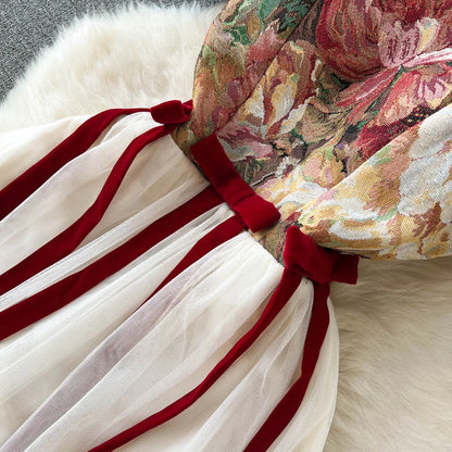 France Vintage Bow Mesh Wedding Runway Party Dresses Women Summer Fashion Elegant Strap Graduation Evening Vestidos Ladies Robe