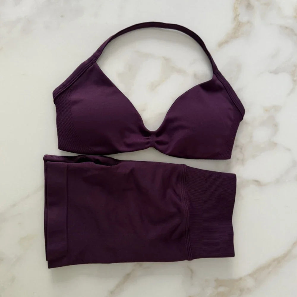 Gym Set Women Two Piece Strappy Yoga Bra Top Workout Scrunch Shorts Suit Fitness Clothes Seamless Sportswear Workout Set