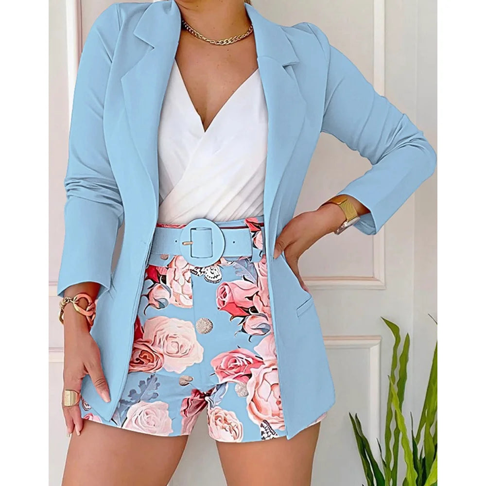 Summer Women 2 Pieces Outfit Long Sleeve Blazer and Floral Print Casual Shorts Set With Belt
