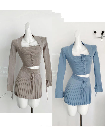 Woman Y2k Matching 3 Piece Set New Products Sweet Solid Knitted Cropped Patchwork Vest Slim Cardigan Mini Pleated Skirt Autumn