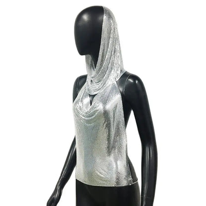 Women Metal Sequins Tank Top With Turban 2 Piece  Sexy V Neck Backless   Suspender Top Rave Festival Party Nightclub Camisole