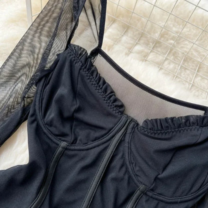 Women Sexy Mesh V Neck Slim Bodysuit Chic Long Sleeve Fashion Elastic Bodycone Jumpsuits Spring Autumn Hotsweet Gothic Playsuits