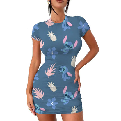 2022 Disney Stitch 3D Cartoon Print Tight Dress Short Sleeve Women's Tight Mini Dress Hip Print Kawaii beach party Women's Dress