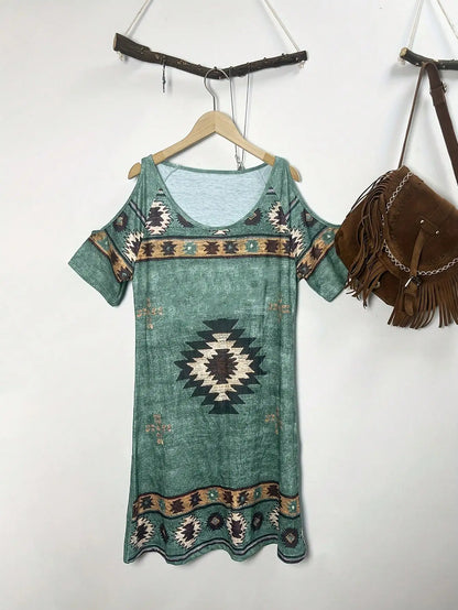 Women's Geometric Print Off-the-shoulder Short Sleeve Dress Western Retro Style Dress Women's Clothing