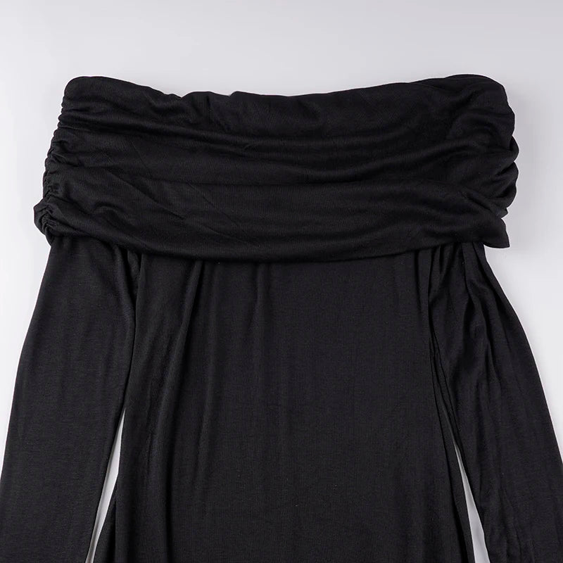 SUCHCUTE Elegant Off Shoulder Ruffles Split Long Dress Black Fashion Long Sleeve Party Dresses Women Beach Vacation Outfits 2024