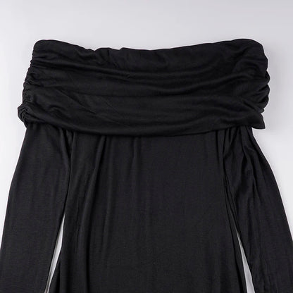 SUCHCUTE Elegant Off Shoulder Ruffles Split Long Dress Black Fashion Long Sleeve Party Dresses Women Beach Vacation Outfits 2024
