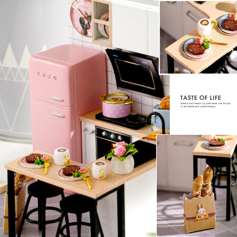 木製ミニチュアドールハウス DIY 小さな家キット 3Dパズル 組み立て式ハウス 家具 おもちゃ 子供の誕生日プレゼント