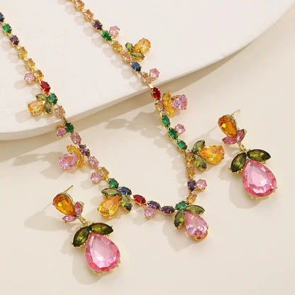 Colorful Zircon Flower Water Drop Charm Necklace Jewelry Sets for Women Elegant Luxury Earrings High-End Bestie Gift Accessories