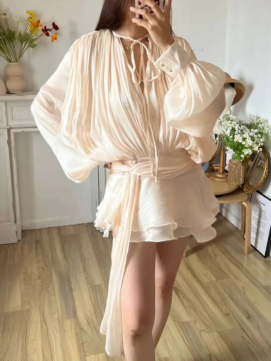TWOTWINSTYLE Solid Blouse Mini Dresses For Women V Neck Long Sleeve Spliced Lace Up Sweet Style Dress Female Clothing Fashion