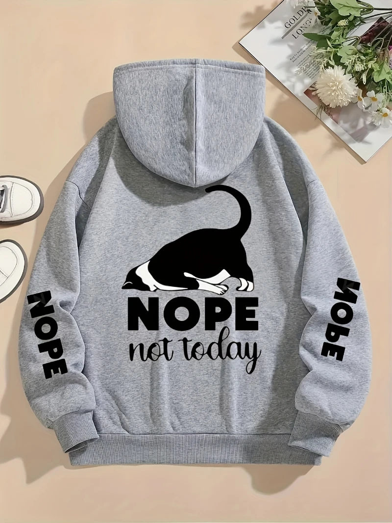 カジュアルレディースパーカー「Nope Not Today」キュートな猫プリントプルオーバー、ゆったりポケット付き暖かいフリーススウェットシャツ、秋冬レディース服