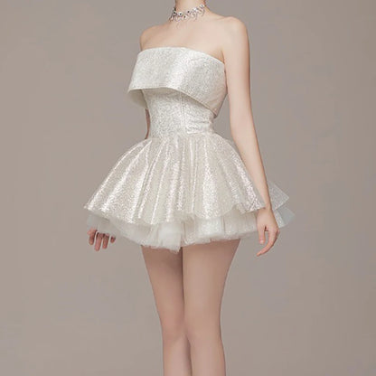 Elegant Glitter Hight Waist Solid Party Dress Fashion Backless Slim Evening Dress Sexy Strapless Sleeveless Bodycon Mini Dresses