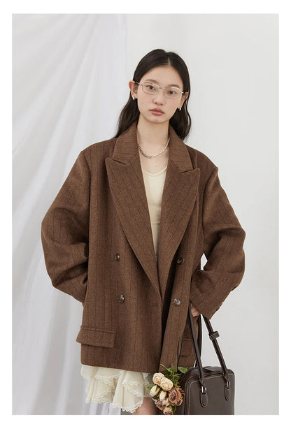 CHIC VEN Women Woolen Blazer Loose Vintage V Neck Female Jacket Suit Double Breasted Office Ladies Coat Spring Autumn 2025