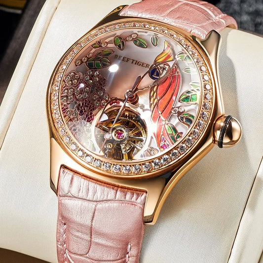 Reef Tiger/rt For Women Watch Mechanical Wristwatch Diamond Automatic Tourbillon 3d Stereo Parrot Dial Lady New Relogio Feminino