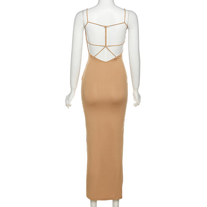 Combhasaki Womens Solid Color Thin Spaghetti Straps Backless Round Cutout Hole Slim Fit Suspender Party Club Slim Fit Long Dress