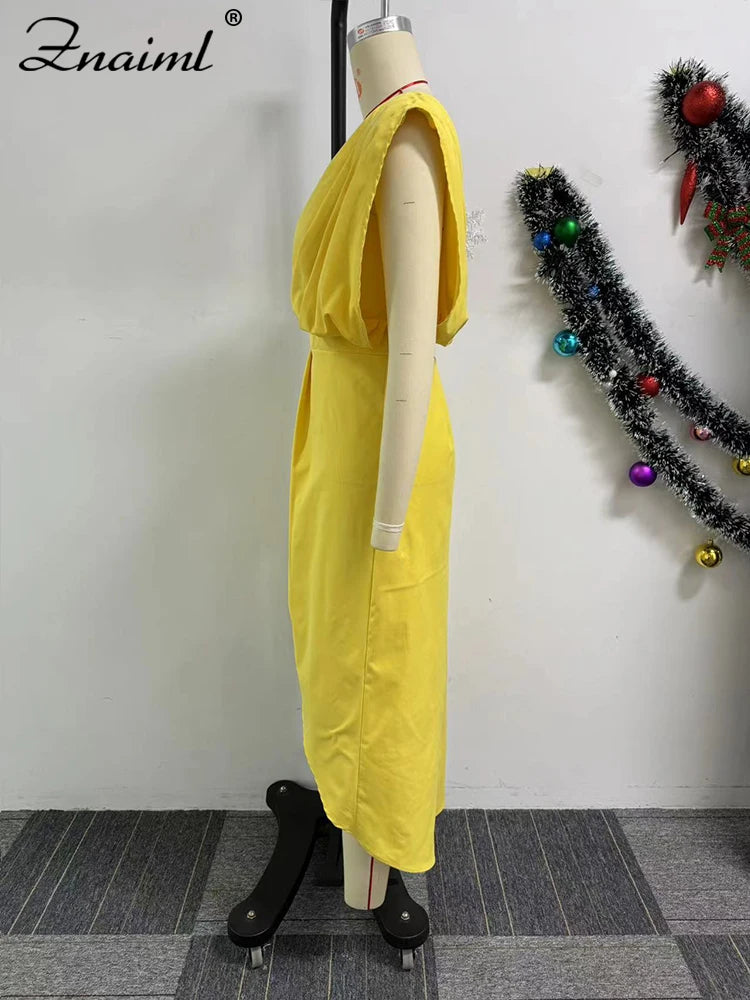 Znaiml Elegant Yellow Wedding Party Dresses Women One Shoulder Sleeveless Ruched Split Bodycon Evening Prom Birthday Gown Robe