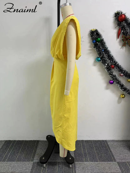 Znaiml Elegant Yellow Wedding Party Dresses Women One Shoulder Sleeveless Ruched Split Bodycon Evening Prom Birthday Gown Robe