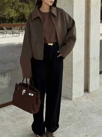 Autumn and winter fashion lapel long-sleeved zipper woolen coat 2024 European and American loose casual jacket