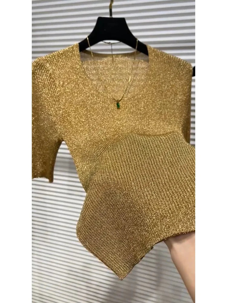 Gold Short-sleeved T-shirt for Women 2025 Summer New Style Chic Slim Ice Silk Knitted Top