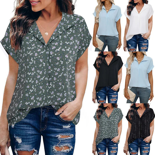 Casual Short Sleeve Chiffon Blouse Elegant Office Lady Lapel Loose Shirt Vintage Floral Print Oversized Women Tops Summer Tunics