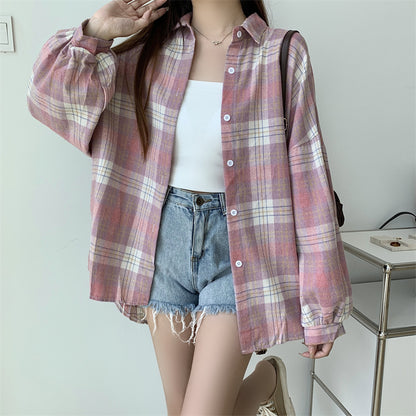 Women Tartan Shirt Long Sleeve Collared Button Up Oversized Plaid Shirt Jacket Grunge Fashion Teenage Girl Spring Summer Outfit