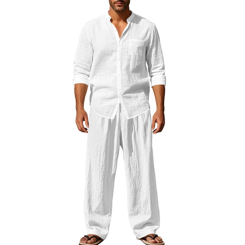 2025 New Spring and Summer Men's Suit Linen Casual Loose Breathable Long Sleeves Shirt Trousers 2Set of Beach Vacation Essential