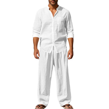 2025 New Spring and Summer Men's Suit Linen Casual Loose Breathable Long Sleeves Shirt Trousers 2Set of Beach Vacation Essential