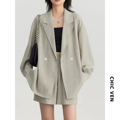 CHIC VEN Women's Blazer Solid Casual Long Sleeve Jacket Texture Thin Suit Coat Shorts Office Lady Tops 2023 Summer New Fashion