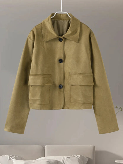 Retro Suede Jackets Women Elegant Single Breasted Lapel Brown Coats Female 2024 Autumn Winter Fashion Soft Pocket Outwears Lady