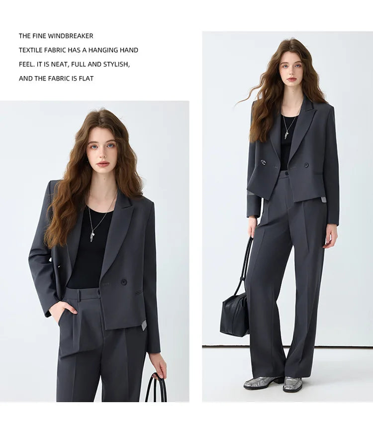 Solid Suits for Women 2025 Spring Fashion Office Ladies Long Sleeve Double Breasted Short Tops Chic Cargo Pant Suits