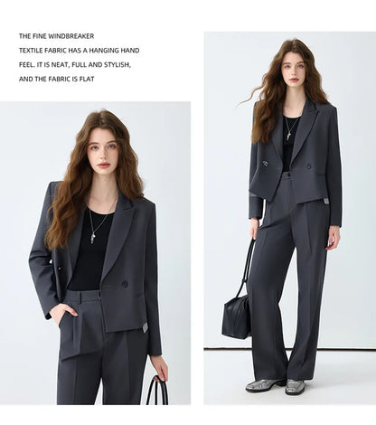 Solid Suits for Women 2025 Spring Fashion Office Ladies Long Sleeve Double Breasted Short Tops Chic Cargo Pant Suits