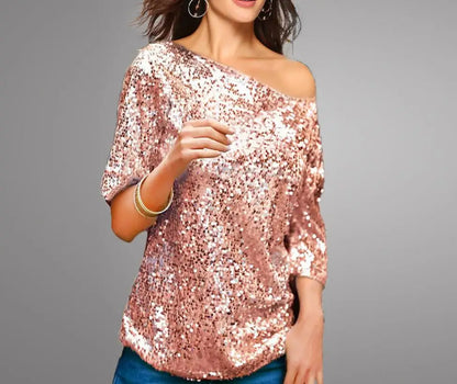 New Fashion Sexy Mid Sleeve Slanted Shoulder Sequin Solid Color Slim Fit T-shirt For Women,2 Colors