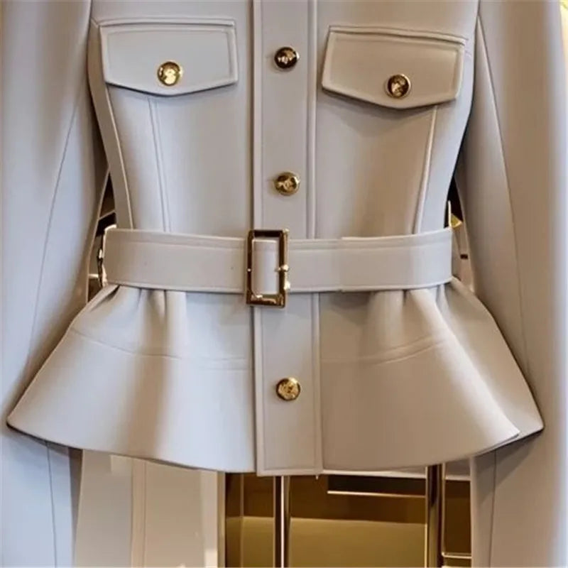 Limiguyue Small Fragrance Grey Coats Women Stylish Slim Waist Belt Jacket Temperament Luxury Button Outwear Autumn Winter 581P
