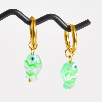 Stainless Steel Colorful Glazed Enamel Fish Hoop Earrings For Women Men Girl Cute Dopamine Fashion Ear Buckle Sea Animal Jewelry