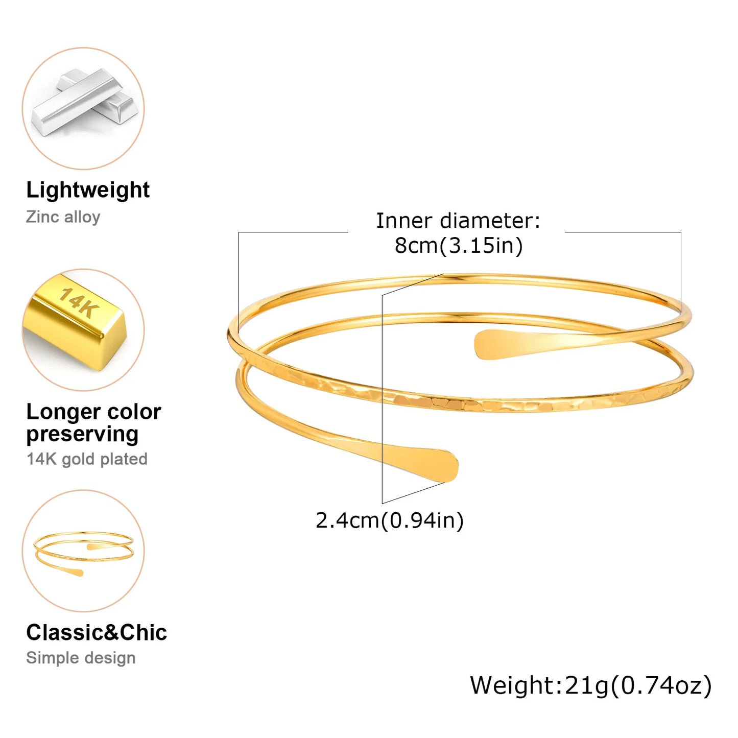 Upper Arm Cuff Bracelet for Women, Minimalist Gold Plated Armband Statement Party Armlets Jewelry