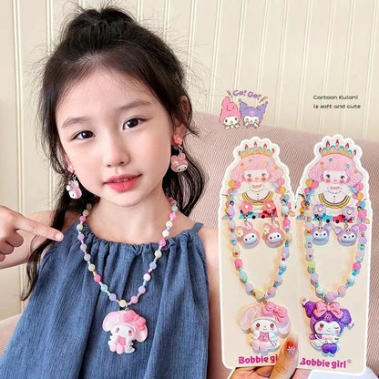 Kawaii Sanrio Beaded Necklace Girls Jewelry Ear Clip Set Kuromi Cinnamoroll Pierced Baby Princess Jewelry Melody Gifts