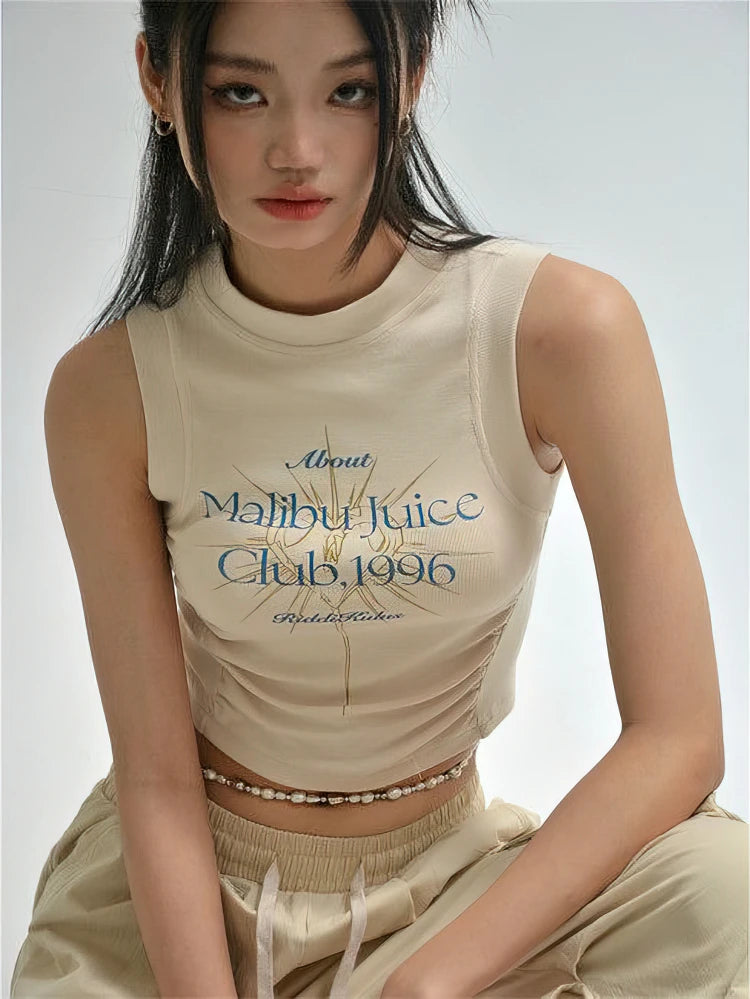 Fashion Y2k Crop Top Women Sleeveless Sexy Top Tees Vintage Letter Print T Shirt Shirring Half Turtleneck Pullover 2023 Korean