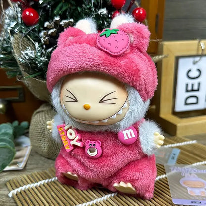 17cm Strawberry Bear Labubu sit Sit party clothes Labubu Heartbeat Macaron pendant clothes replacement Collectible Art