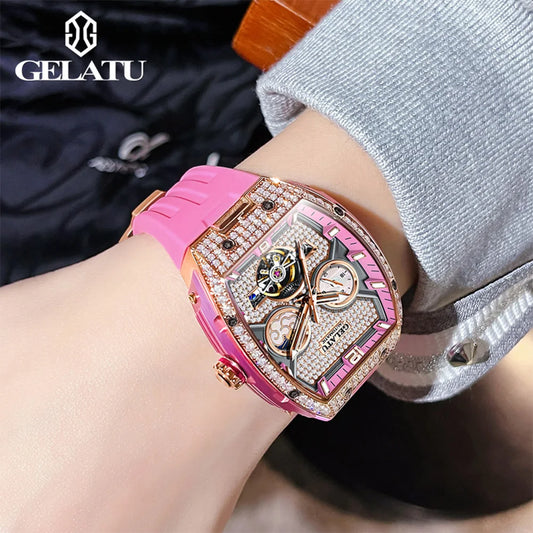 GELATU Luxury Automatic Mechanical Women's Watch High Quality Waterproof Luminous Diamond Dial Elegant Tourbillon Women Watch